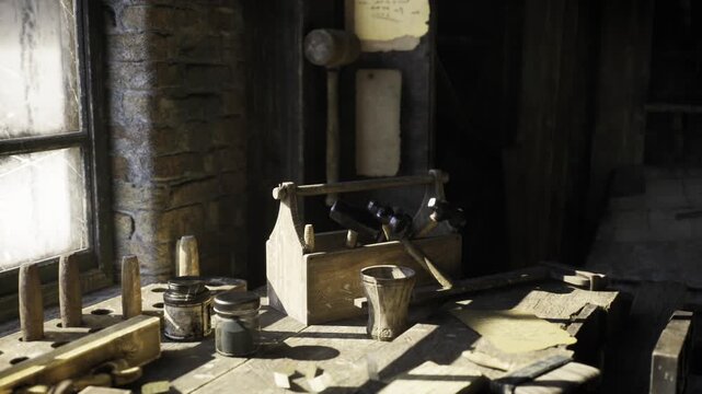 Neatly arranged workspace with tools. Carefully arranged bench illuminated by natural light showcasing precise tools and retro workshop ambiance