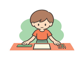 Warm child arranges desk items neatly, pencils aligned, ruler straightened, notebook centered, hands moving with calm focus. |