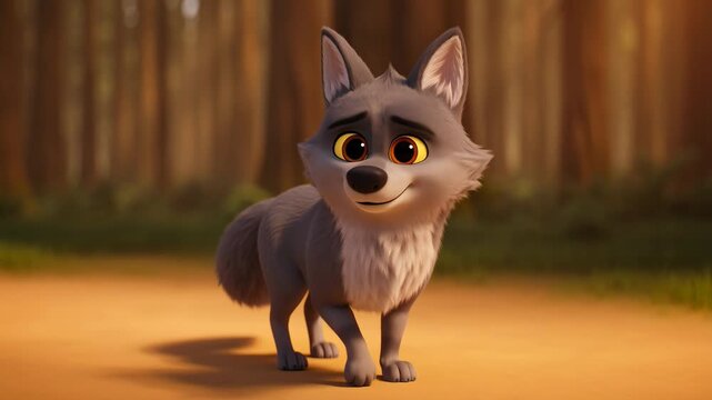 Animated cute wolf character walking through a forest digital illustration,cartoon style,kid friendly,positive vibes,nature setting