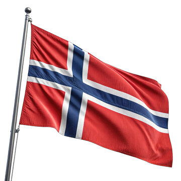 Detailed image of the norway national flag waving on a silver flagpole with a clean design and red white and blue colors on transparent background