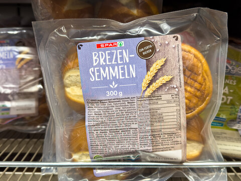 Villach, Austria - January 29, 2026: Packaged Brezen-Semmel bread rolls displayed on a supermarket shelf with nutritional information and brand logo visible