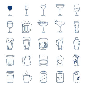 comprehensive collection of 25 distinct barware and drink vessel vector icons, including wine glasses, mugs, and shakers, rendered in cobalt blue line art on transparent. Concept for beverage