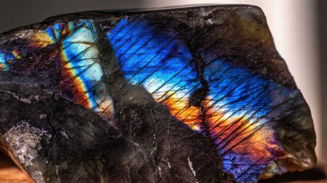 Spectrolite finish, intense dark labradorite with vivid full-spectrum color flash, dramatic texture
