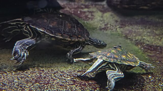  Close up view of two water turtle underwater swimming around