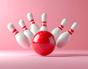 Red Bowling Ball Hitting White Pins on Pink.