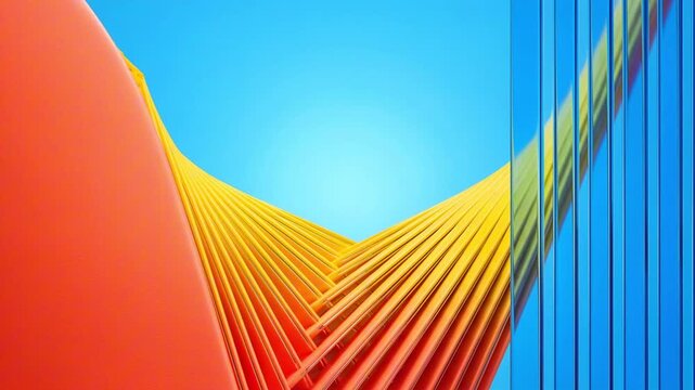 Vibrant orange and yellow paper folds create a dynamic visual flow against a bright blue background, showcasing a continuous transition of colors and textures