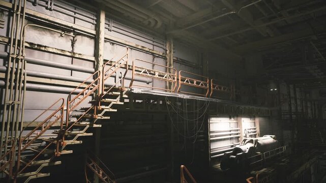 Exploration scene inside shiphold with staircase, peeling paint, rusted railings, dust layers, echoing voids, relic textures and evocative silence perfect