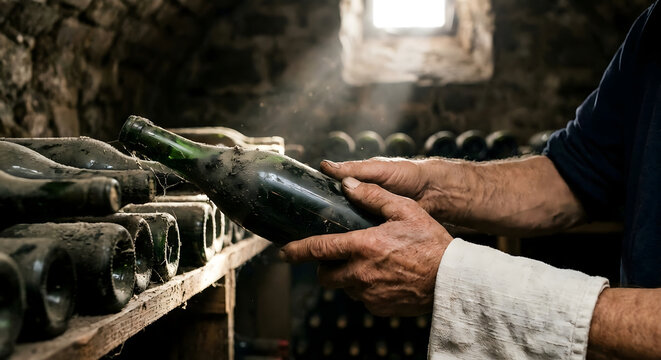 Manos de un bodeguero sosteniendo una botella de vino antigua cubierta de polvo en una cava tradicional