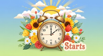 A vibrant clock surrounded by flowers and clouds with the word starts beneath it