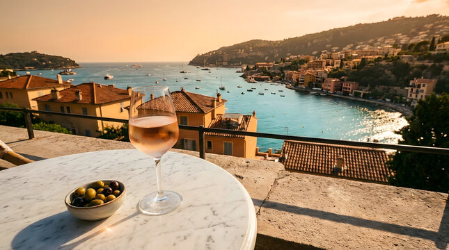 Copa de vino rosado y aceitunas en una terraza con vistas panor&aacute;micas al mar Mediterr&aacute;neo durante el atardecer