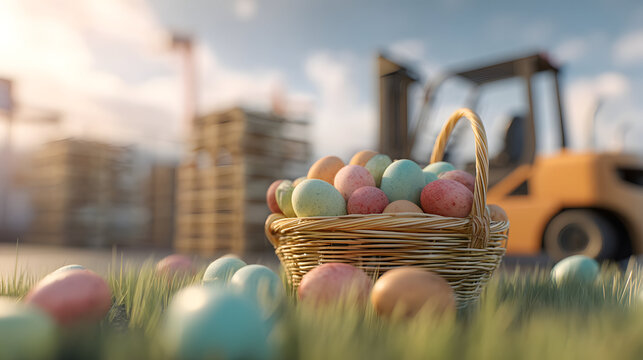 Easter basket filled with colorful eggs on spring grass at a warehouse loading dock, forklifts and pallets behind, warm morning sunlight, bright seasonal industrial scene.