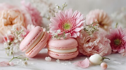 Sweet pink macarons and blooming flowers create a lovely summer feeling.