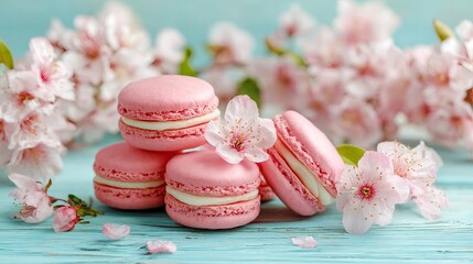 Sweet pink macarons and blooming flowers create a lovely summer feeling.