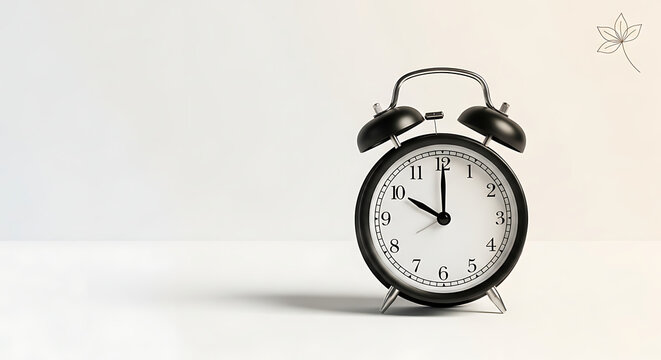 A classic black alarm clock stands on a minimalist white surface with a subtle shadow and a small flower doodle in the corner.