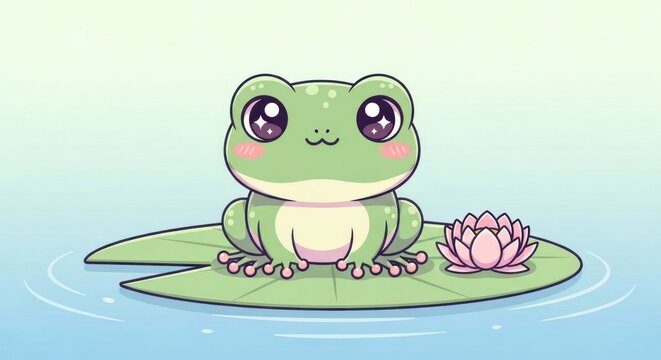Cartoon Green Frog on Lily Pad.