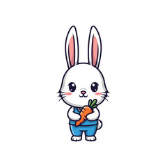 Obraz premium Cute White Rabbit Character Holding a Carrot, Adorable Bunny Mascot Wearing Blue Shirt, Lovely Pet Animal Vector Illustration Isolated on White Background