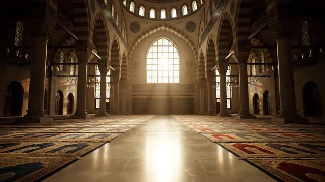Empty mosque interior with sunlight, prayer rugs, columns, and arches
