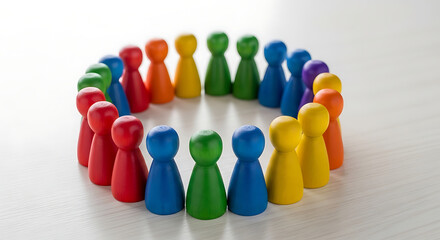 Diverse Group of Colorful Wooden Figures Standing in a Circle for Unity and Teamwork Concept