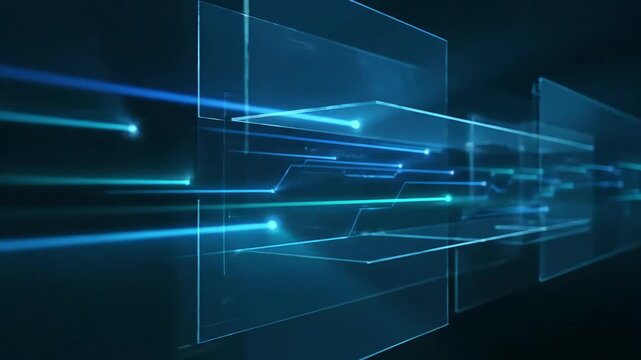 Cinematic futuristic AI data flow background with glowing light streams moving through transparent glass layers. Slow camera parallax movement creates a professional corporate technology atmosphere.
