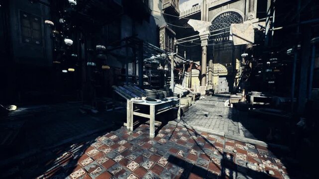 Sunlit moroccan bazaar aisle flooded with high contrast light and deep shadow, colorful rugs and ceramic tiles stacked beneath arched walkways, implied vendor