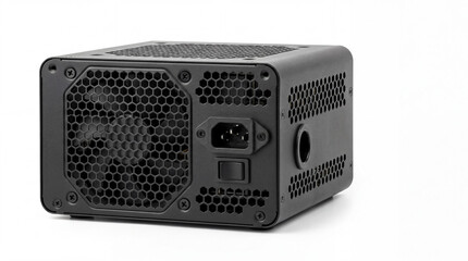 Obraz premium Black Computer Power Supply Unit Isolated On White Background, perfect for PC building guides, gaming computer marketing, technical hardware reviews, and desktop workstation maintenance manuals
