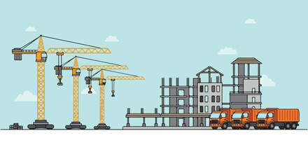 A cartoonish vector illustration depicts a bustling construction site with multiple tower cranes, buildings in various stages of development, and a line of orange dump trucks. © Ohim