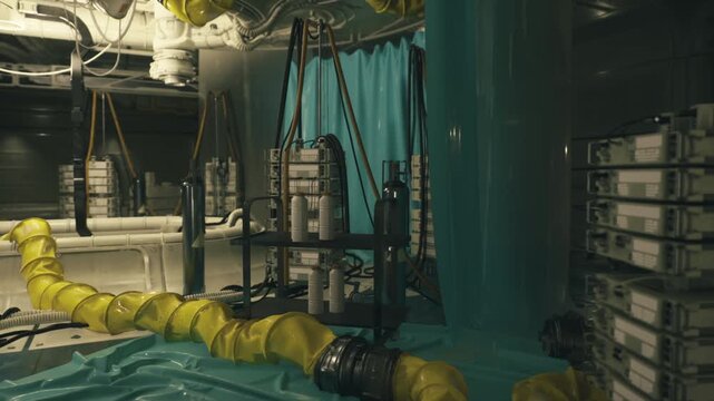 Space station module with cryogenic tanks and flexible hoses, insulated piping and valve manifolds, technicians tools staged nearby and monitoring displays