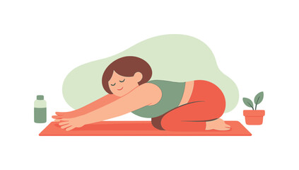 Fototapeta premium Peace person stretches on a yoga mat, arms reaching long as breathing slows and balance steadies on the floor nearby today calmly