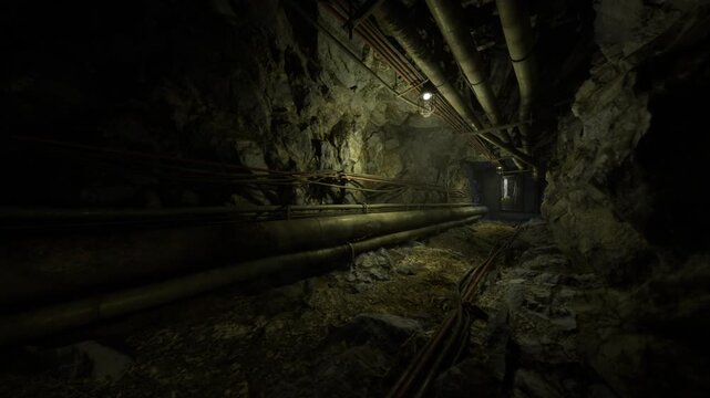 Dark underground tunnel with pipes leading toward faint illuminated exit, wet rock walls, rusted metal pipes, scattered debris, tangled cables, low hanging