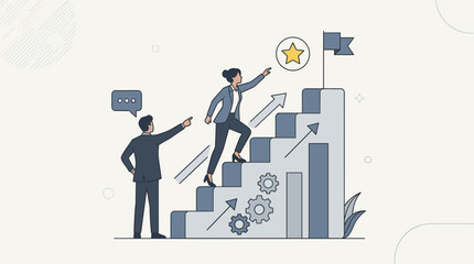 Business Coaching and Mentorship Concept with a Professional Consultant Guiding a Woman Climbing a Staircase Towards Success, Reaching Goals, Career Growth, and Achievement Vector Illustration