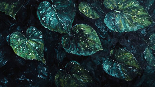 Vibrant green taro leaves with raindrops on a dark background