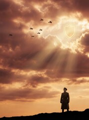 Soldier standing on hilltop under dramatic sunset with planes flying  
