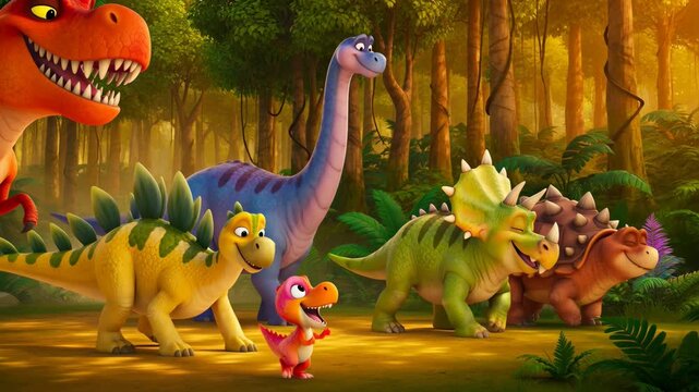 Cartoon dinosaur animation footage featuring t rex stegosaurus triceratops ankylosaurus and brontosaurus in lush jungle setting