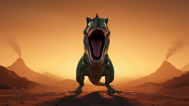 Cartoon tyrannosaurus rex roaring in prehistoric volcanic landscape cinematic scene of animated dinosaur facing camera