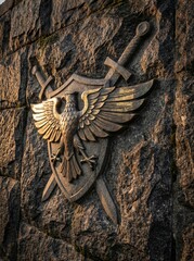Bronze eagle emblem with crossed swords on textured stone wall  