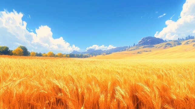 Golden wheat field under clear blue sky with rolling hills and fluffy clouds