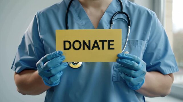 The doctor's gloved hands hold a paper sign with the inscription Donat