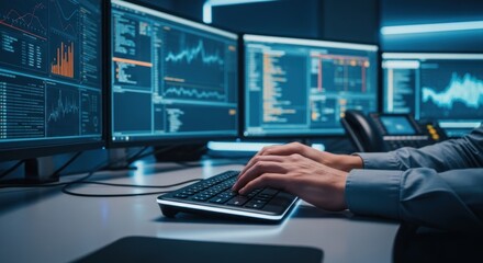 Person typing on keyboard in control room with multiple data screens