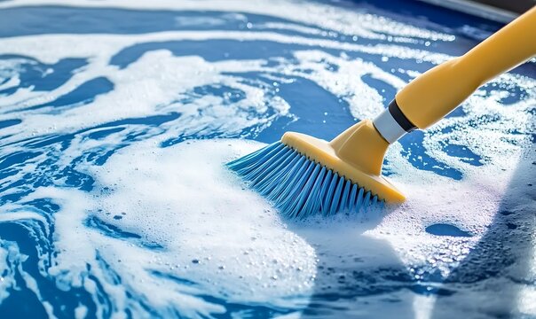 Close-Up of Pool Cleaning with Brush Creating Foam in the Water