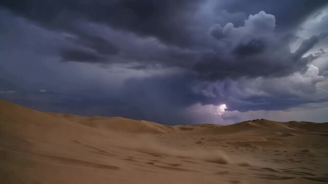 Beginning of sandstorm and thunderstorm with lightning over desert dunes as extreme natural phenomenon