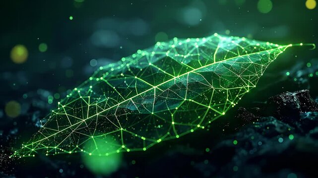 Futuristic Digital Leaf with Network Connections and Glowing Elements.