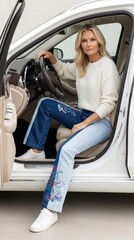 Young woman sitting in car while wearing casual outfit and smiling  
