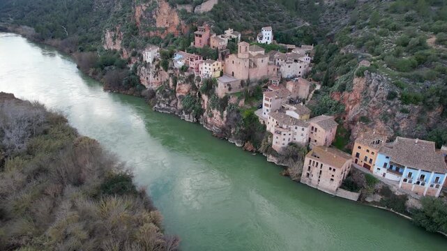 Aerial shot of Miravet town and Ebro river. Tarragona, Spain.