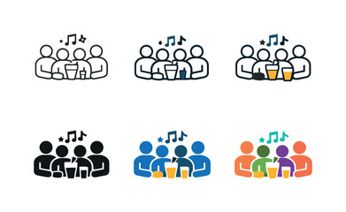 Obraz premium Leisure gathering icon featuring people sitting together with drinks and entertainment elements, symbolizing social experiences,