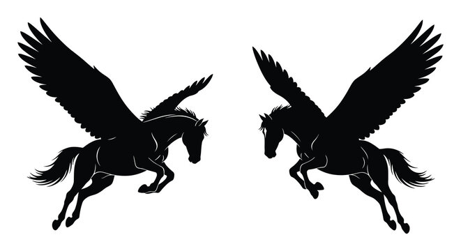 Two black silhouettes of pegasus horses with outstretched wings
