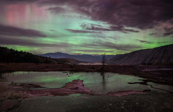 Aurora over Mammoth Hot Springs
