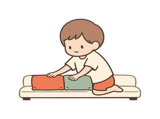 Soft child kneels placing cushions side by side on a low sofa while hands pause to straighten edges. | child arranging cushions,