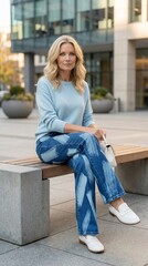 Young woman sitting on bench in casual outfit outdoors  