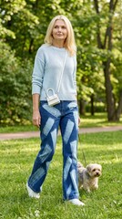 Mature woman walking with a small dog in a green park  