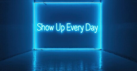 Fototapeta premium Bright neon sign displays motivational phrase within dark room. Minimalist aesthetic, clean lines, inspiring message. Simple, modern design.